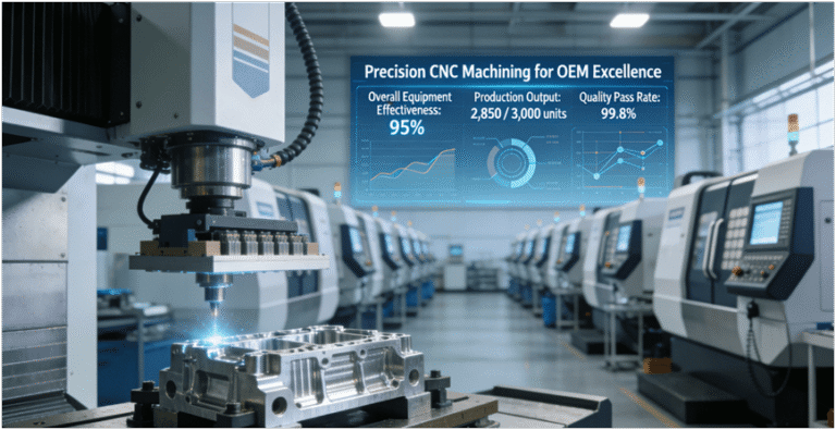 Modern automated CNC machining workshop for high-volume OEM parts production, showing a precision aluminum component being machined on a 5-axis CNC center with robotic arm, alongside a real-time production data dashboard displaying high OEE and yield metrics.