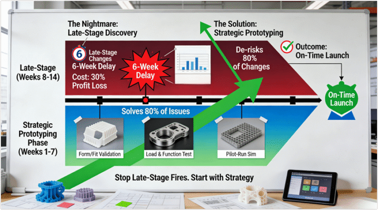 A whiteboard in a project war room shows a timeline. The top, red section warns of a costly 6-week delay from late-stage changes. The bottom, blue-green section displays three different prototype types (SLA, CNC, Vacuum Cast) used strategically early on, with an arrow showing they prevent 80% of issues, leading to an on-time launch.