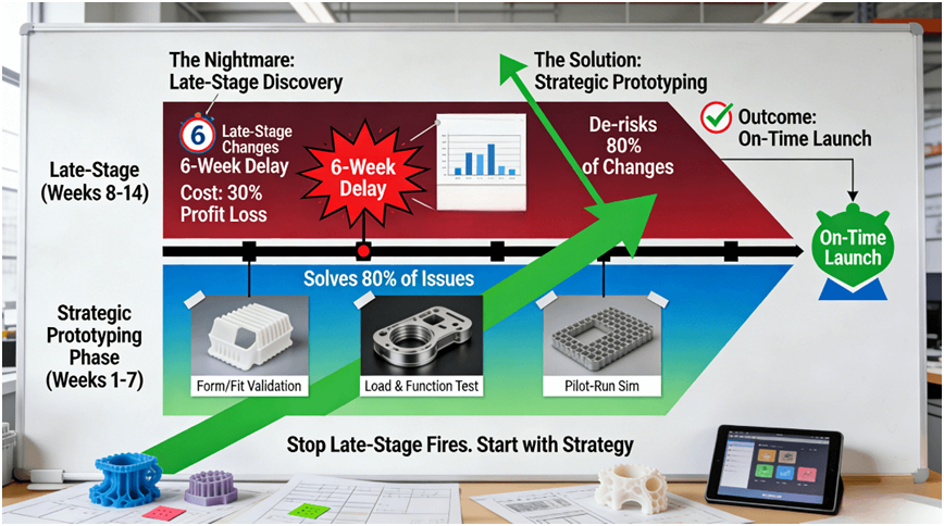 A whiteboard in a project war room shows a timeline. The top, red section warns of a costly 6-week delay from late-stage changes. The bottom, blue-green section displays three different prototype types (SLA, CNC, Vacuum Cast) used strategically early on, with an arrow showing they prevent 80% of issues, leading to an on-time launch.